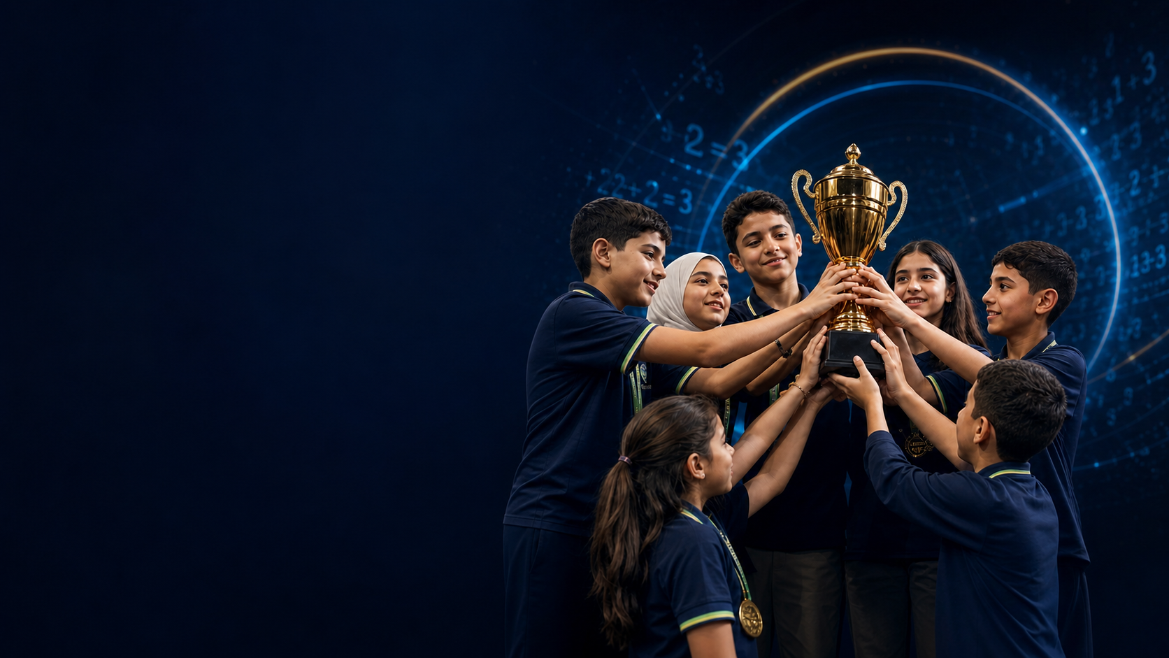 Mental arithmetic students celebrating with the championship trophy